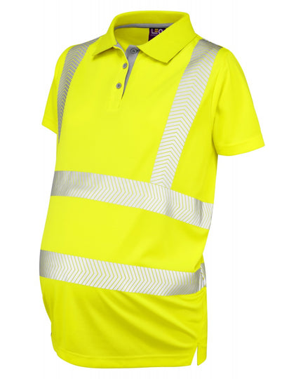 Yellow maternity polo shirt featuring grey collar, short sleeves, and horizontal reflective bands, front-facing