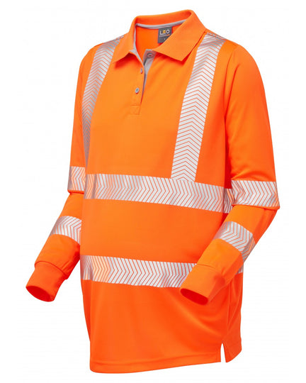 Bright orange maternity long-sleeve polo shirt with grey collar and reflective stripes, front view