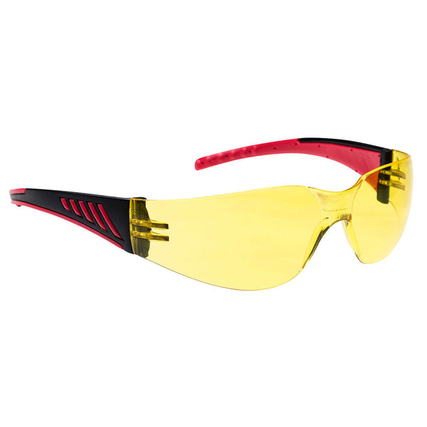 Amber lens Portwest Pro PR32 wrap-around safety spectacles.