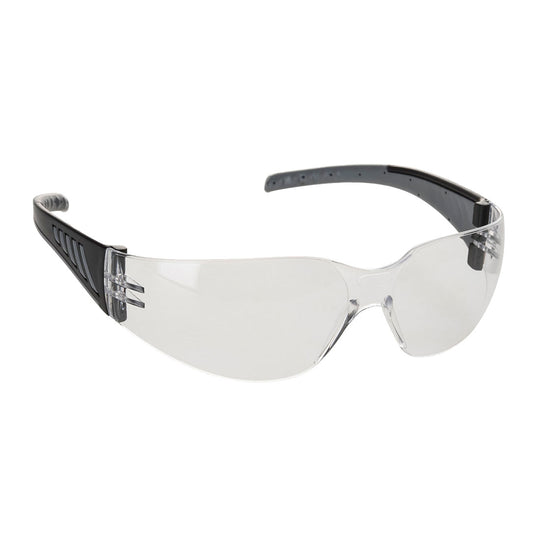 Clear lens Portwest Pro PR32 wrap-around safety spectacles.