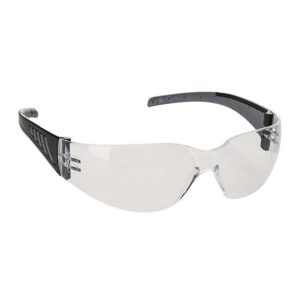 Clear lens Portwest Pro PR32 wrap-around safety spectacles.