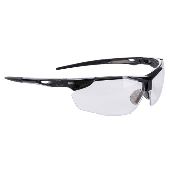 Clear lens Portwest Defender PS04 safety spectacles with brow guard.