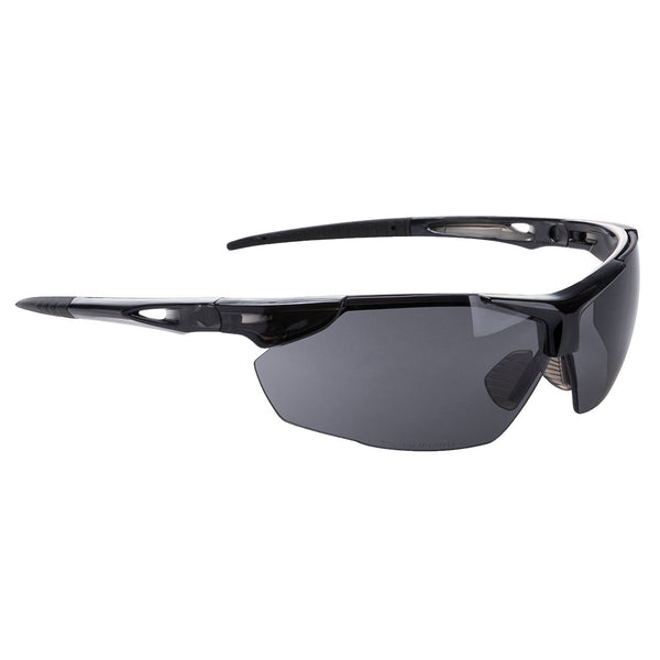 Smoked lens Portwest Defender PS04 safety spectacles with brow guard.