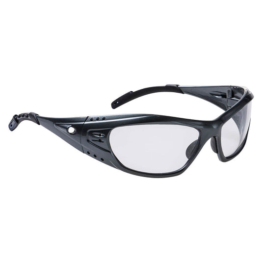 Clear lens Portwest Paris Sport PS06 safety spectacles with soft-grip arms.