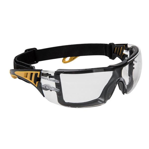 Front view of Portwest Impervious Tech Spectacles (PS09) featuring a clear, protective lens and lightweight frame.