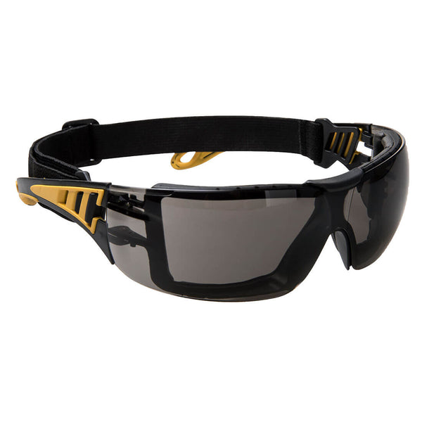 Portwest Impervious Tech Spectacles (PS09) with a smoke lens, providing excellent protection and a stylish look.