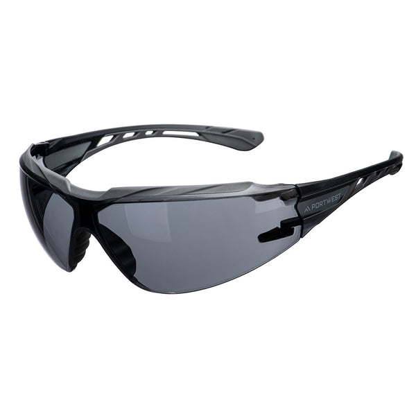 Portwest Supra KN Safety Glasses (PS10) shown with smoke lenses, designed for durability and clear vision in bright conditions.