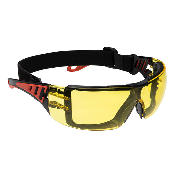 Portwest Tech Look Plus Spectacles (PS11) with amber lenses and a foam gasket for a dust-free, secure fit.