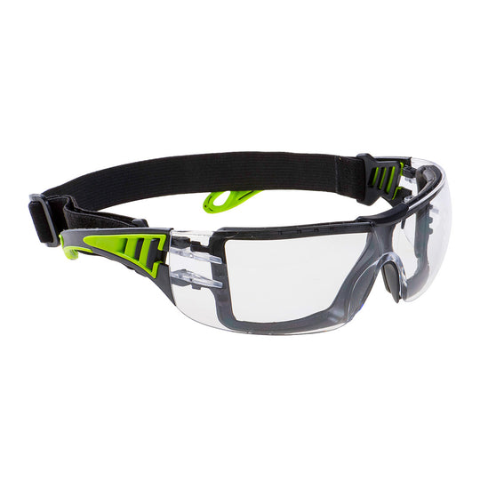 Portwest Tech Look Plus Spectacles (PS11) with clear lenses and a removable foam gasket for added protection.