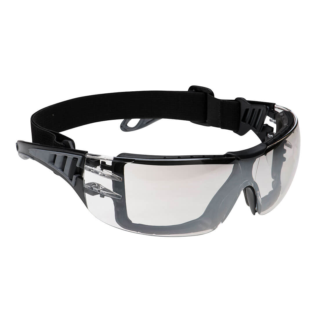 Portwest Tech Look Plus Spectacles (PS11) featuring mirrored lenses and a foam gasket to block debris and reduce glare.