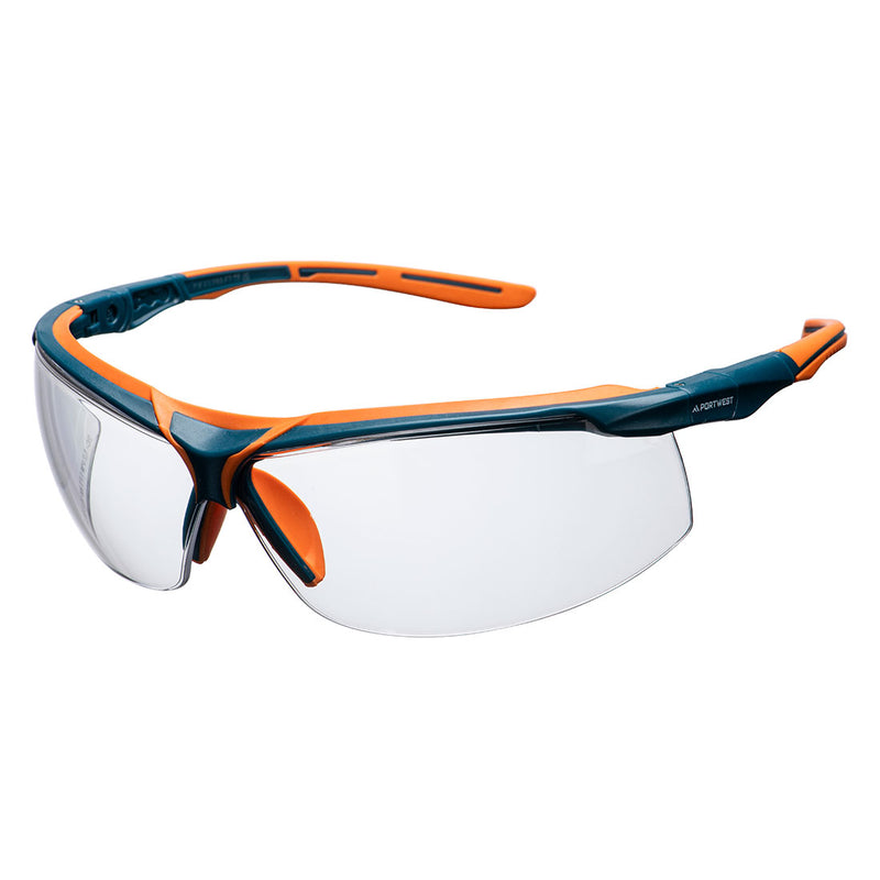 Front view of Portwest Mega KN Safety Glasses (PS13) with clear lenses.