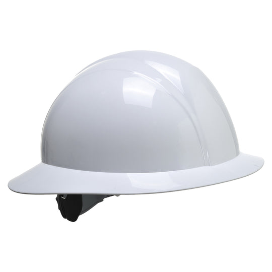 White Portwest Full Brim Future Safety Helmet (PS52) with chin strap.
