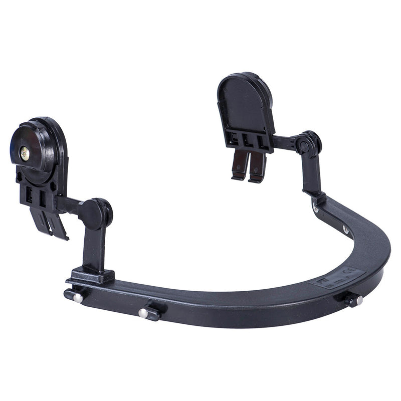 Black helmet visor holder designed for secure attachment of visors to safety helmets.