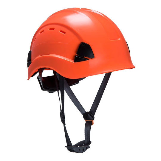 Orange vented safety helmet with chin strap, designed for working at height and ventilation.