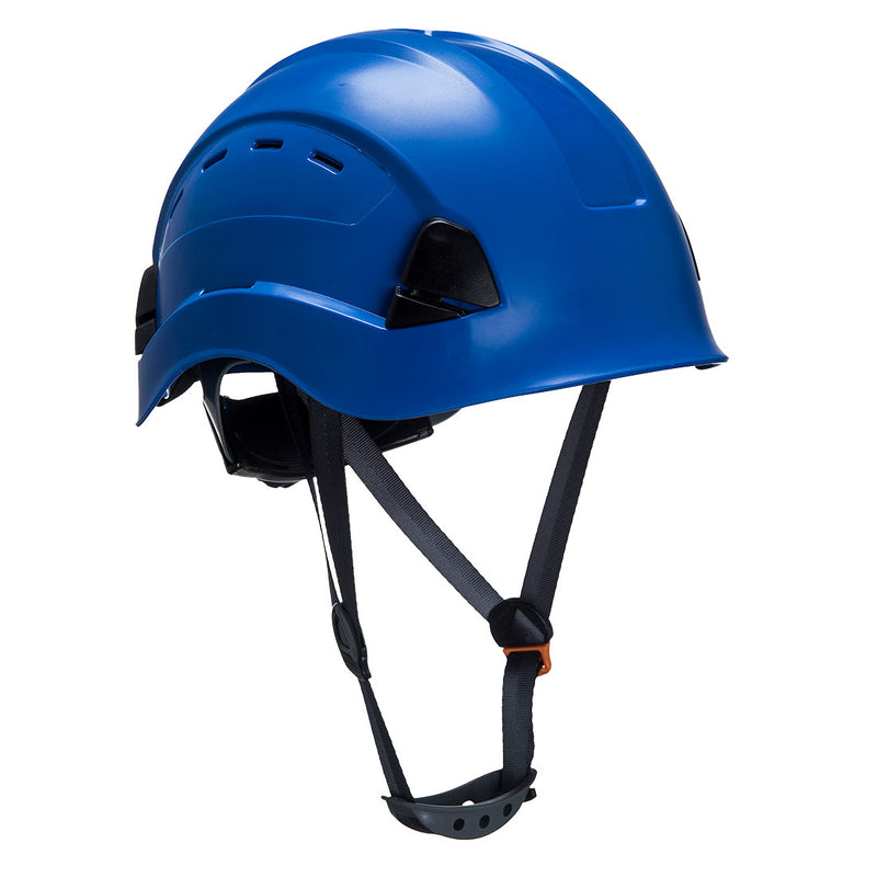 Red and black vented helmet with chin strap, suitable for high-altitude construction safety.