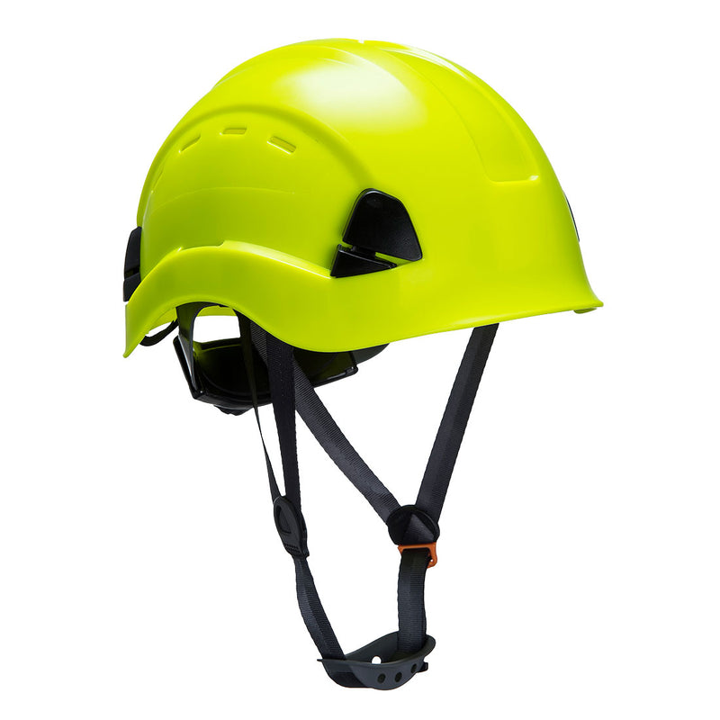 Yellow vented helmet with chin strap, designed for secure fit during elevated work.