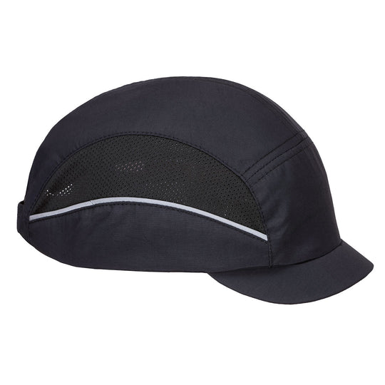 Black micro-peak bump cap with ventilation, designed for lightweight head protection.