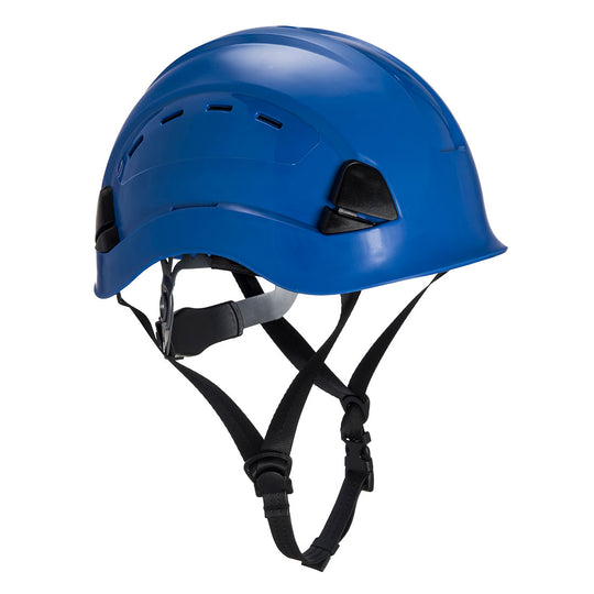 Red and black mountaineer helmet with adjustable straps, suitable for industrial climbing.
