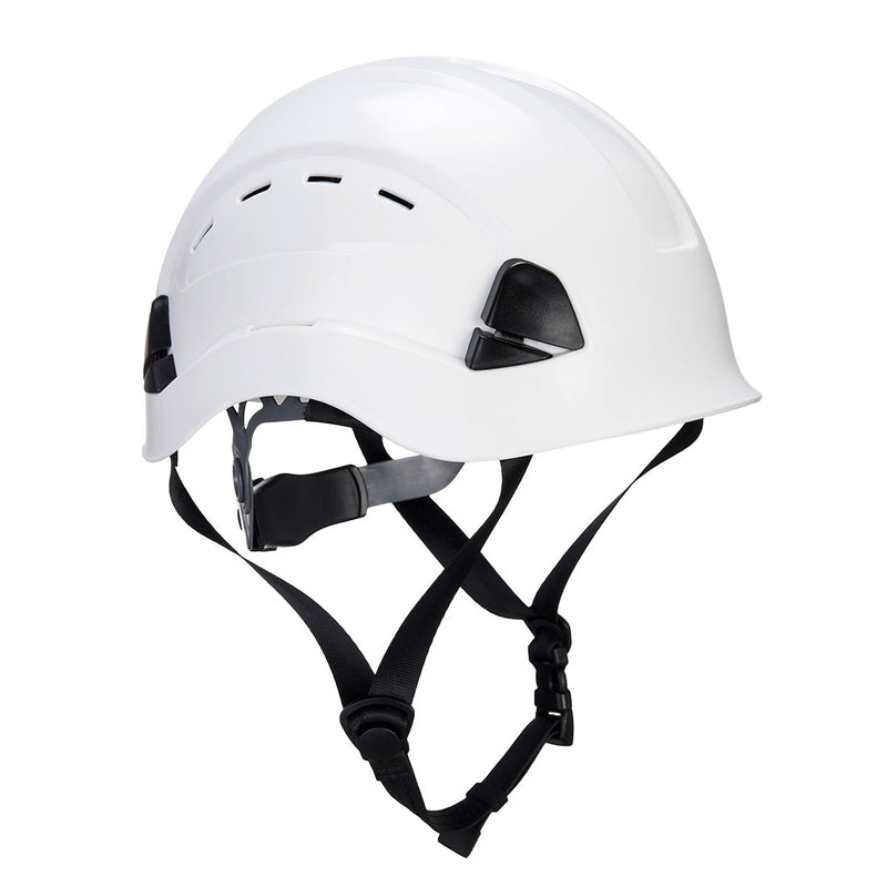 White mountaineer helmet with chin strap, providing head protection for climbing professionals.