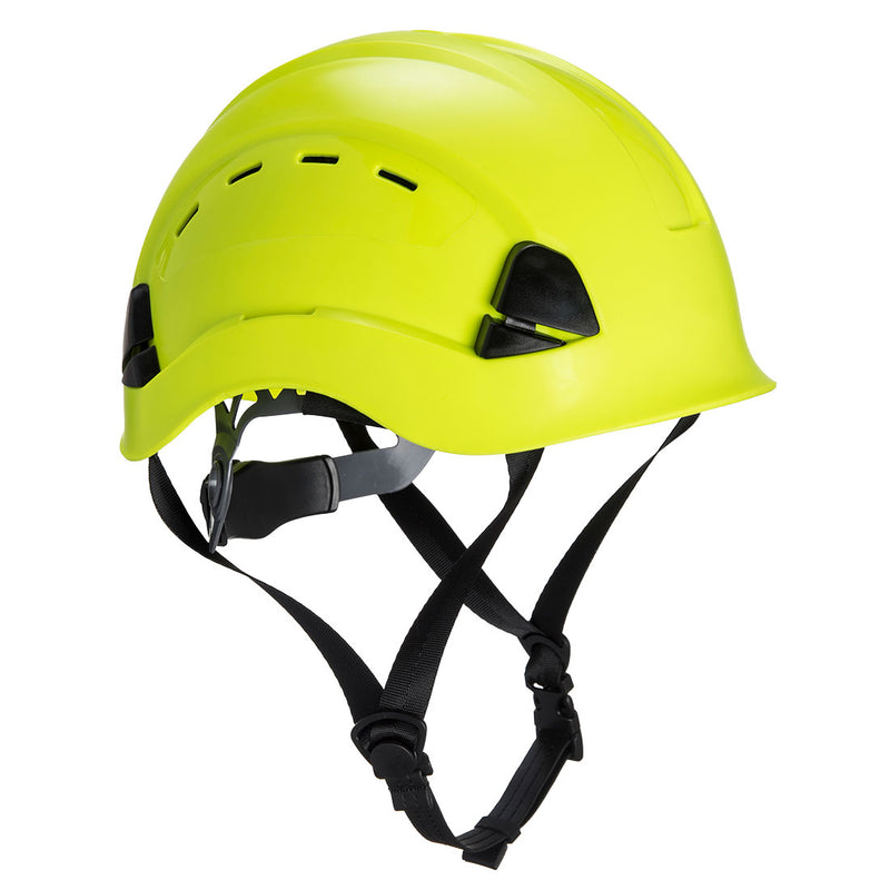 Yellow mountaineer helmet with adjustable chin strap, ideal for construction and climbing safety.