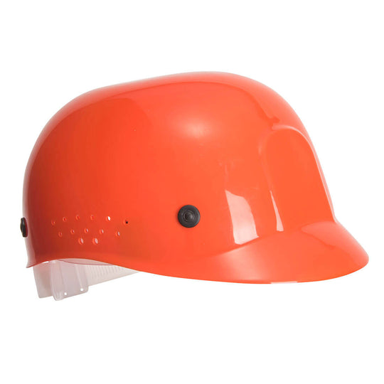 Orange ultra-light bump cap with ventilation holes and adjustable strap, designed for safety.