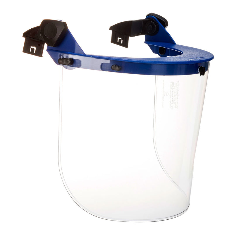 Transparent arc flash visor offering electrical hazard protection and wide facial coverage.
