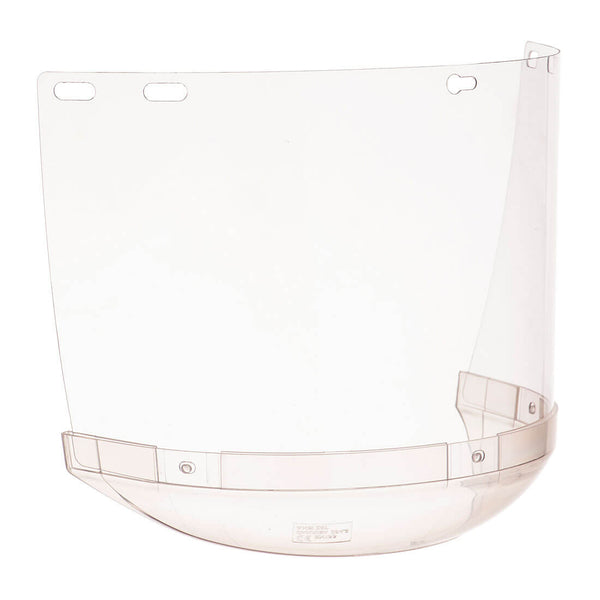 Clear safety visor with integrated chin guard for full-face protection in industrial settings.