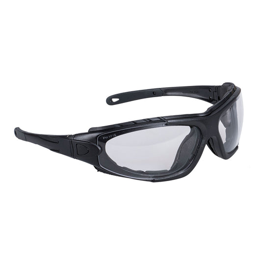 Clear lens safety spectacles with wraparound design and black arms for eye protection.