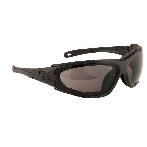 Smoke lens safety spectacles with ergonomic frame for comfortable eye protection.