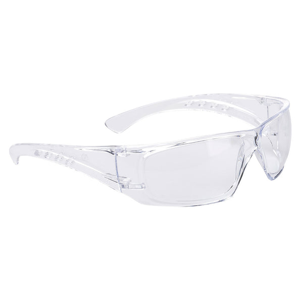 Clear view safety spectacles with slim arms and lightweight construction for daily use.