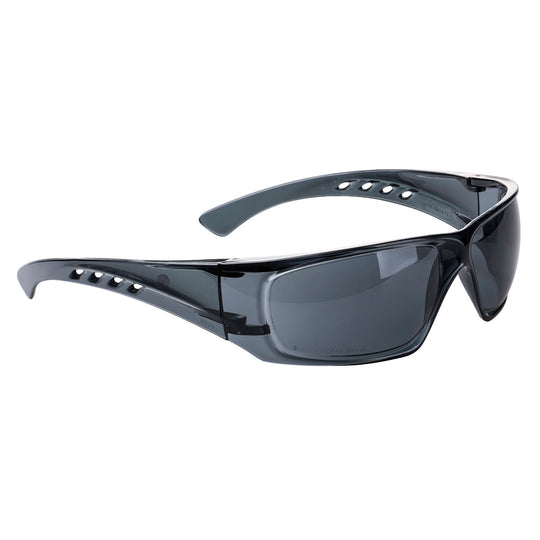 Smoke lens clear view spectacles with contoured frame for enhanced eye safety.