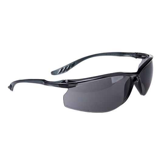 Smoke lens lite safety spectacles featuring slim temples for comfort and style.