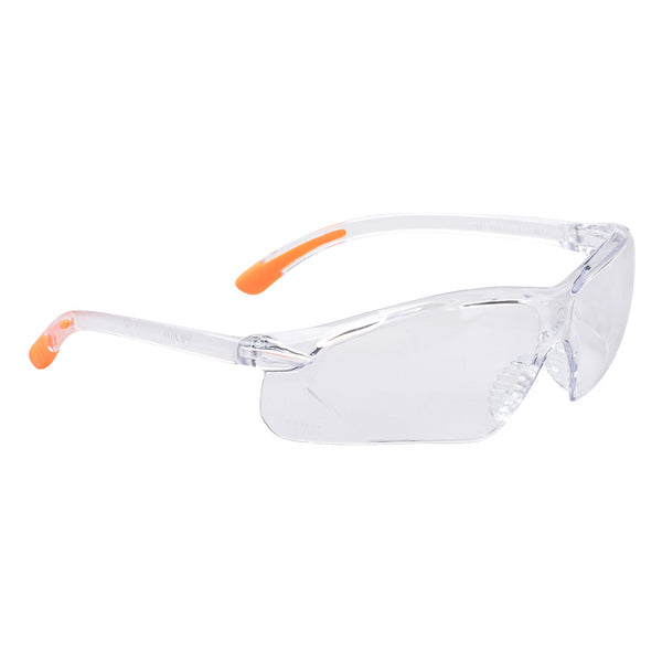 Clear lens fossa safety spectacles with curved frame for secure fit and eye protection.