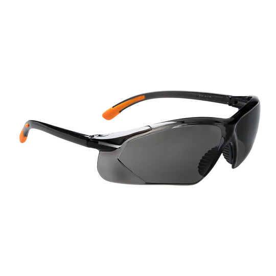 Smoke lens fossa safety spectacles with ergonomic design for comfortable wear.