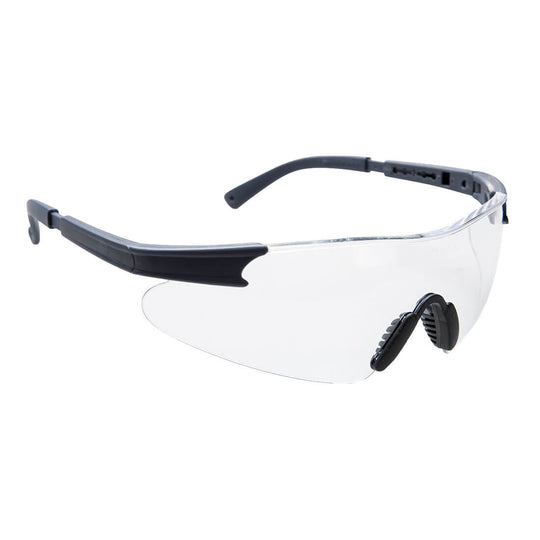 Clear lens curvo safety spectacles with wraparound style for maximum eye coverage.