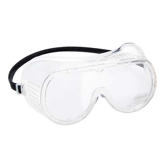 Direct vent safety goggles with clear lens and adjustable strap for protection from debris.