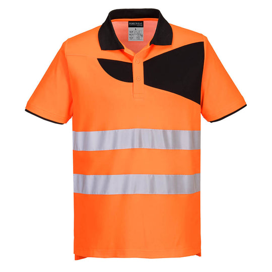 Orange high-visibility Portwest PW2 Cotton Comfort Polo Shirt short-sleeve for safety.