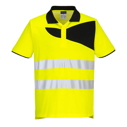 Yellow high-visibility Portwest PW2 Cotton Comfort Polo Shirt ensuring comfort and visibility.