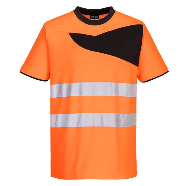 Orange high-visibility Portwest PW2 Cotton Comfort T-Shirt short-sleeve for safety and breathability.