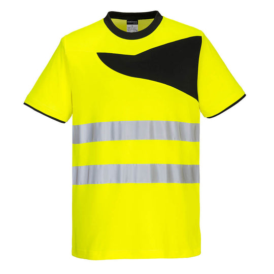 Yellow high-visibility Portwest PW2 Cotton Comfort T-Shirt ensuring comfort and visibility for workers.