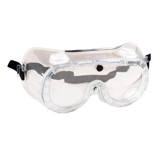 Indirect vent safety goggles with anti-fog clear lens for chemical splash protection.
