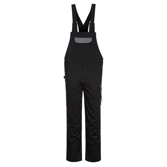 Portwest PW2 Bib and Brace (PW243) in blue and black, offering a contemporary and functional workwear solution.