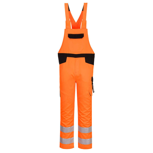 Portwest PW2 Hi-Vis Bib and Brace (PW244) in a bright orange and black design for superior visibility.