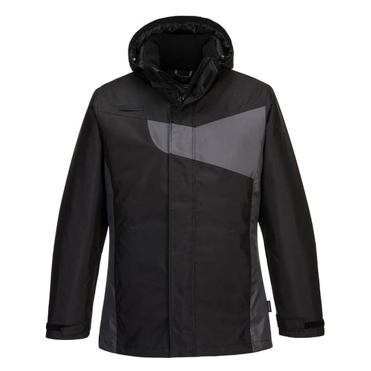 black/red insulated jacket with modern fit and zip pockets