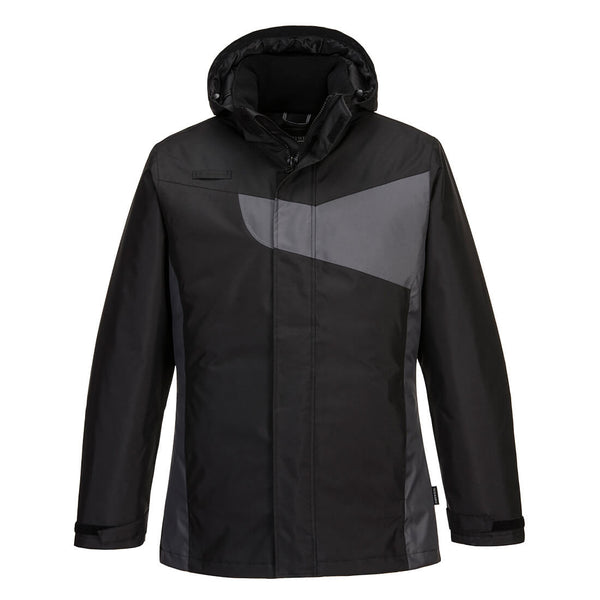 black/red insulated jacket with modern fit and zip pockets
