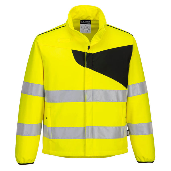 Portwest PW275 hi-vis 2L softshell jacket in a bright yellow and black design for maximum visibility.