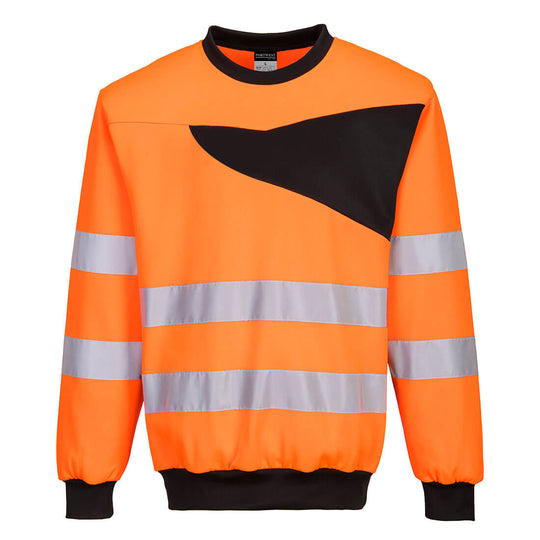 Hi-vis orange and navy Portwest PW277 sweatshirt with reflective tape for enhanced safety.