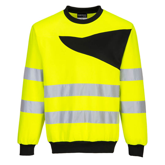 Hi-vis yellow and navy Portwest PW277 sweatshirt with reflective tape for enhanced safety.