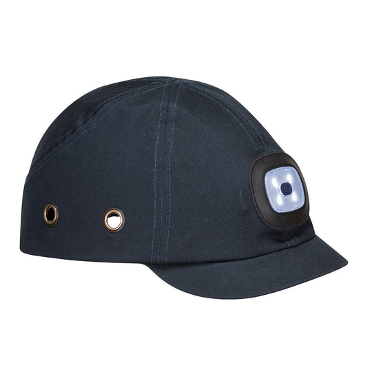 A navy blue Portwest bump cap (PW29) with a central, removable rechargeable LED light.