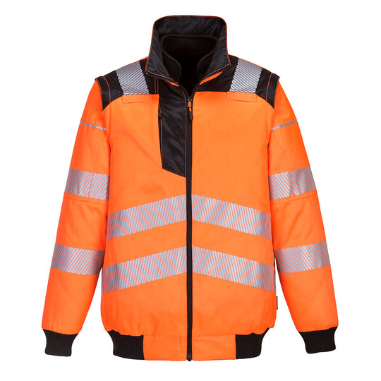 Portwest PW3 hi-vis 3-in-1 pilot jacket in orange and black with reflective HiVisTex Pro tape.